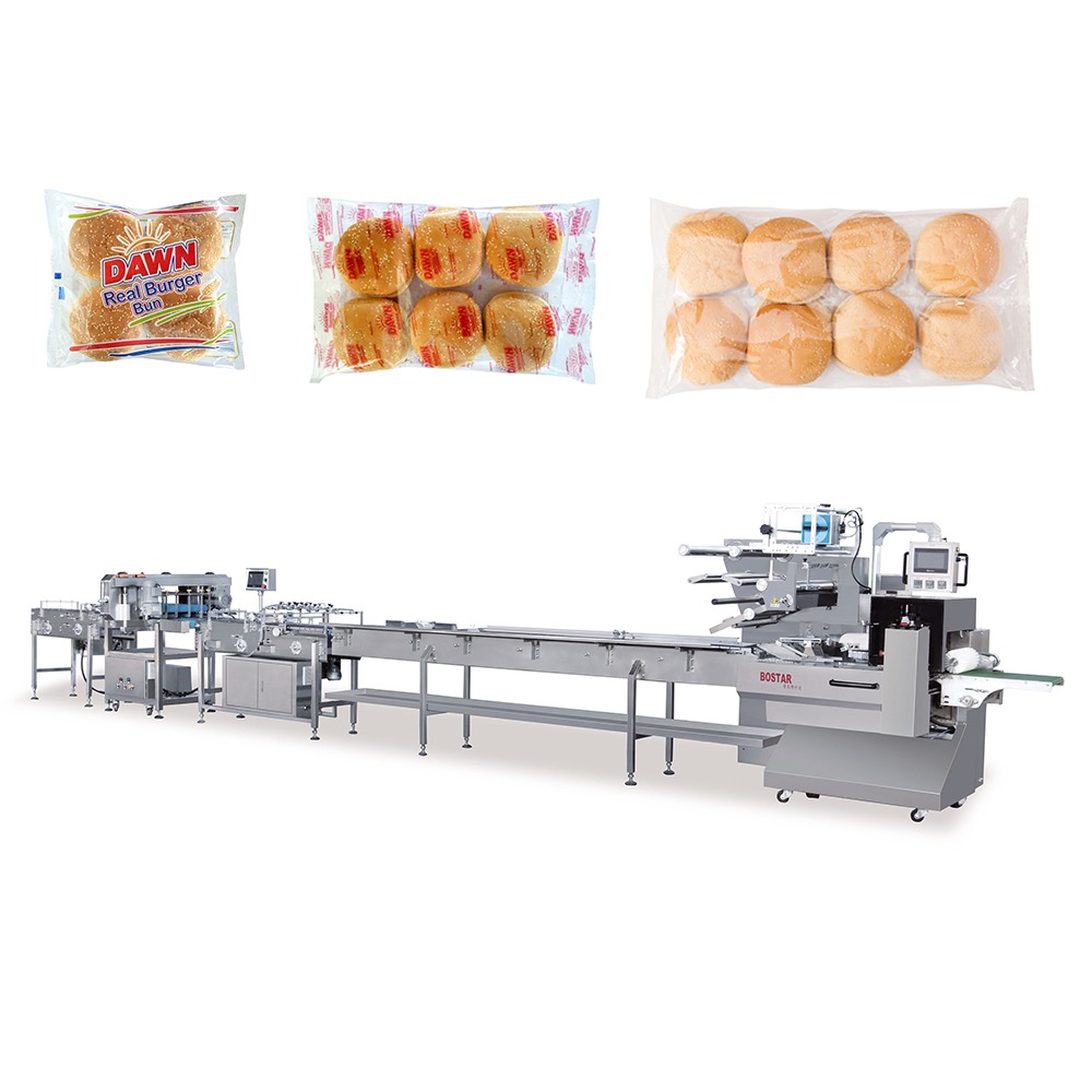 Linha de empacotamento Bostar com pães de hambúrguer embalados